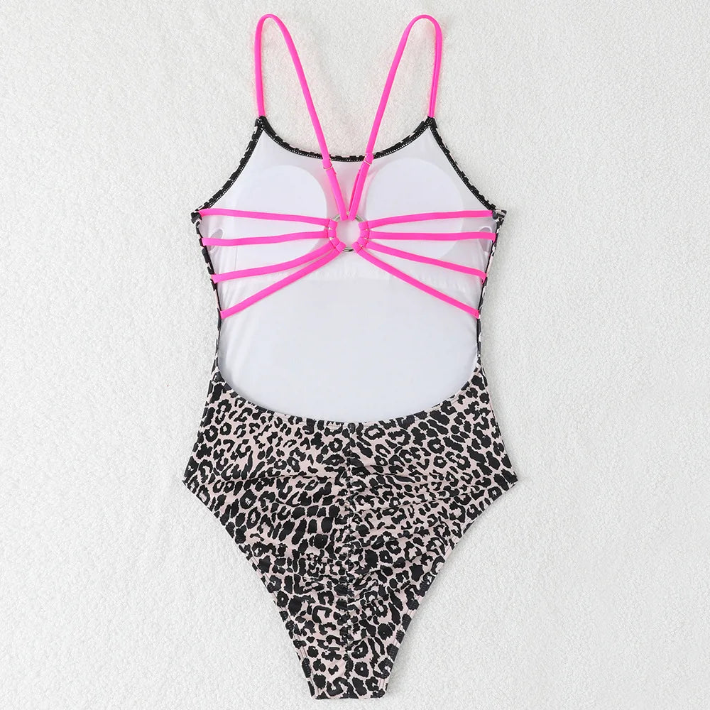 Voguable  Sexy Leopard Multi Rope Hollow Out One Piece Swimsuit Women Beach Bikini New All Season Backless Tight One Piece Swims voguable
