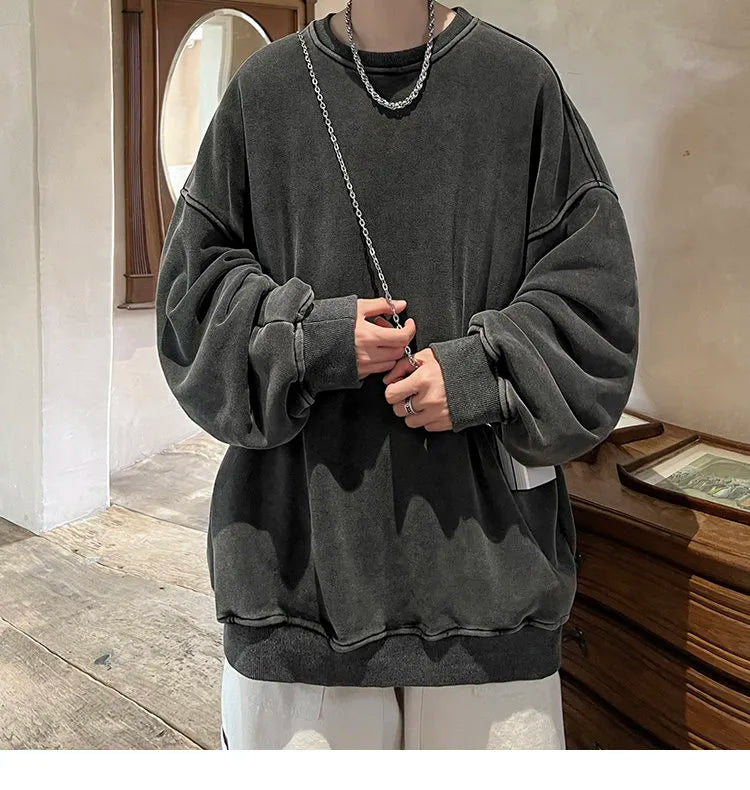 American Washed Old Pullovers Sweatshirts Men Loose Solid Color Autumn Large Size Warm O Neck Tops Hip Hop Y2k Sweatshirt voguable