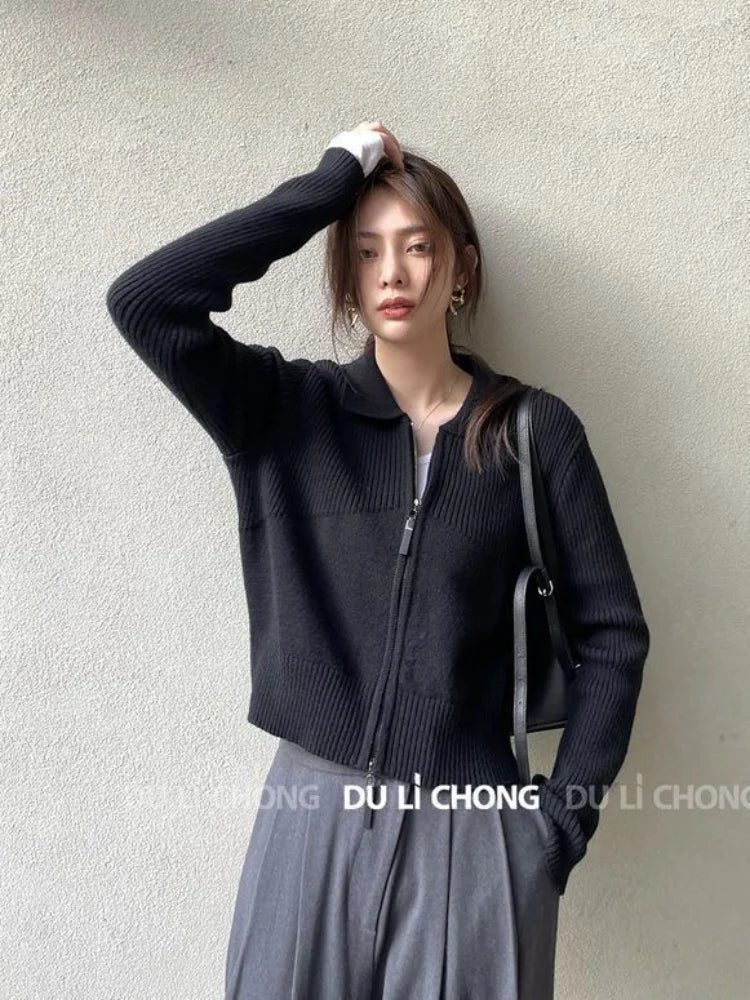 Voguable  Sweet Cute Solid Zipper Pullovers Women Fashion Leisure All-match Retro Simple Vintage Loose Female Zipper Knitwear Top voguable