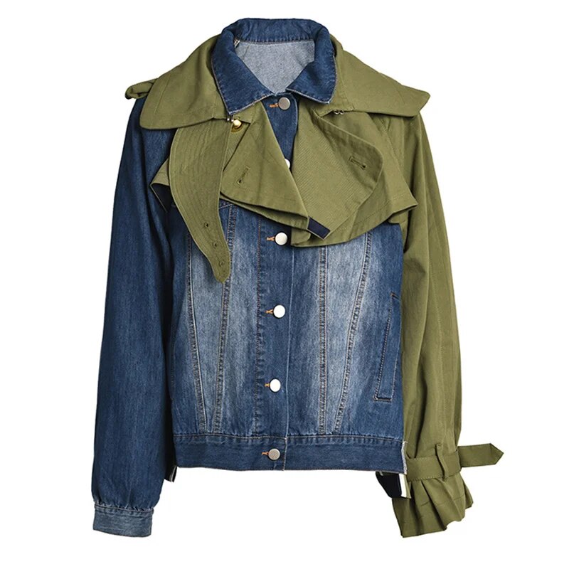Army Green Denim Color-block Big Size Jacket Loose Fit New Lapel Long Sleeve Women Coat Fashion Spring Autumn voguable
