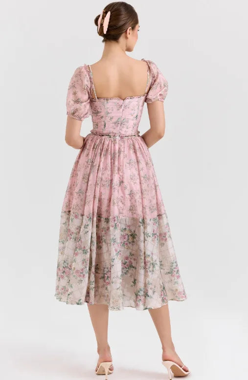 Fashion Pink Floral Contrast Color Dress Women's Square Collar Slim Fir Lace Up Waist Mid-calf Dresses Summer New 3A109 voguable