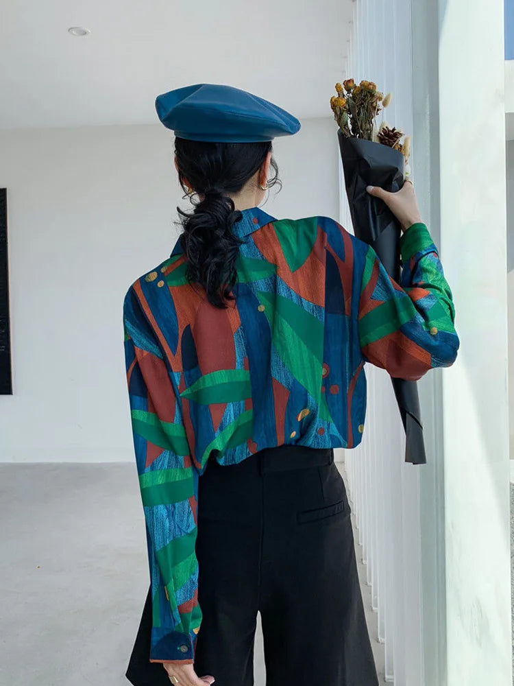 Vintage Print Women Elegant Shirt Long Sleeve Casual Design Korean Vintage Blouse Fall Loose Painting All Match Female Ins Tops voguable