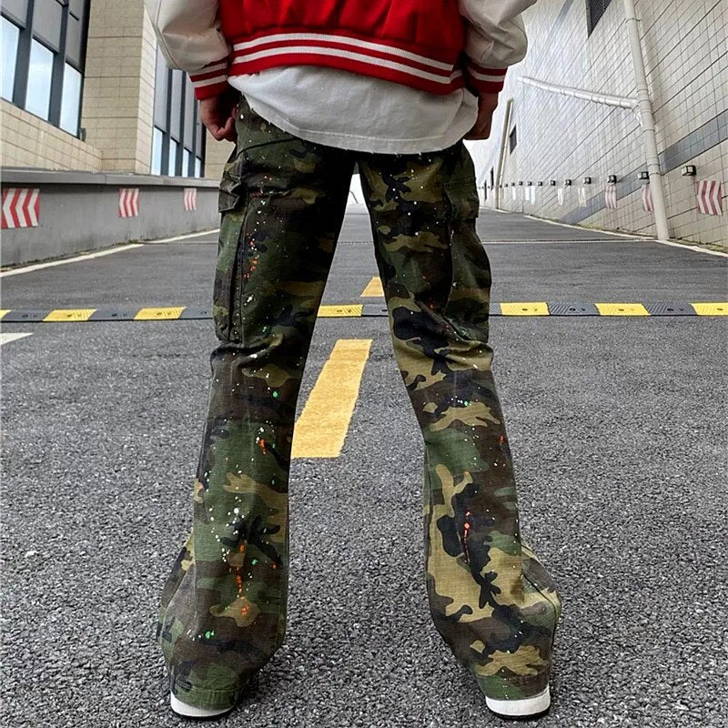 Y2K Fashion Ink Graffiti Baggy Tracksuit Cargo Flare Pants Men Joggers Camouflage Women Casual Long Trousers Ropa Hombre voguable
