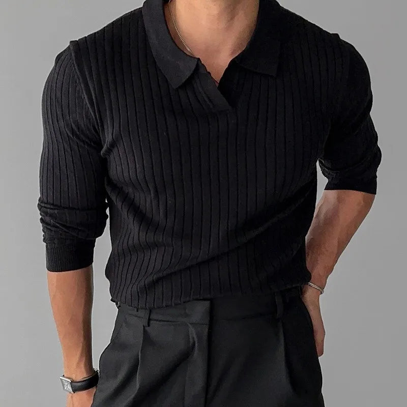 Autumn Clothing Men's Light Luxury V-Neck Knitted Jacquard Polo Shirt Solid Color Long-sleeved Korean Popular Leisure Knitwear voguable