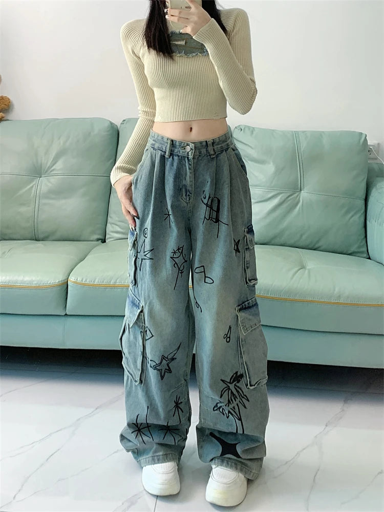 Women's Graffiti Print Pattern Design Unisex Jeans Vintage Street Y2k Casual Denim Trousers Female High Waist Straight Pants voguable