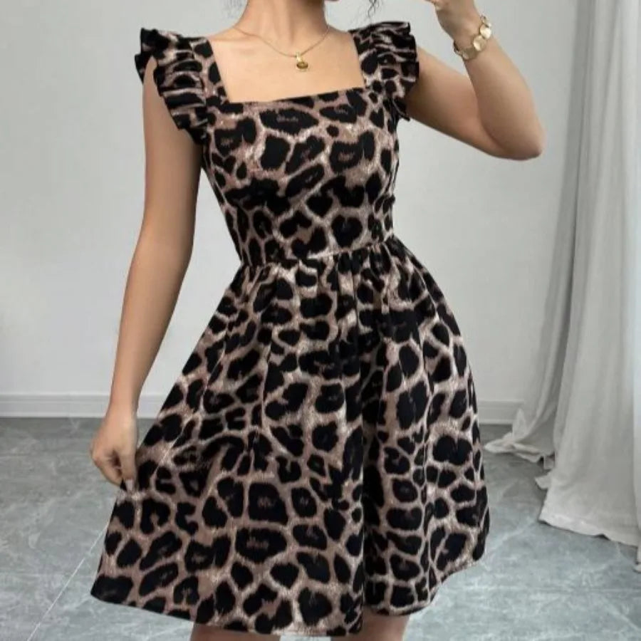 Voguable  Summer leopard print lace backless ruffle hem dress voguable