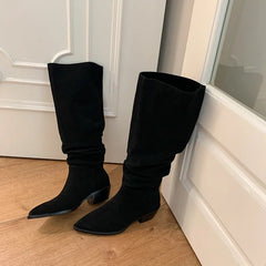 New Western Women Knee-High Boots Autumn Winter Cow Suede Leather Quality Office Lady Casual Shoes Retro Black Woman Boots voguable