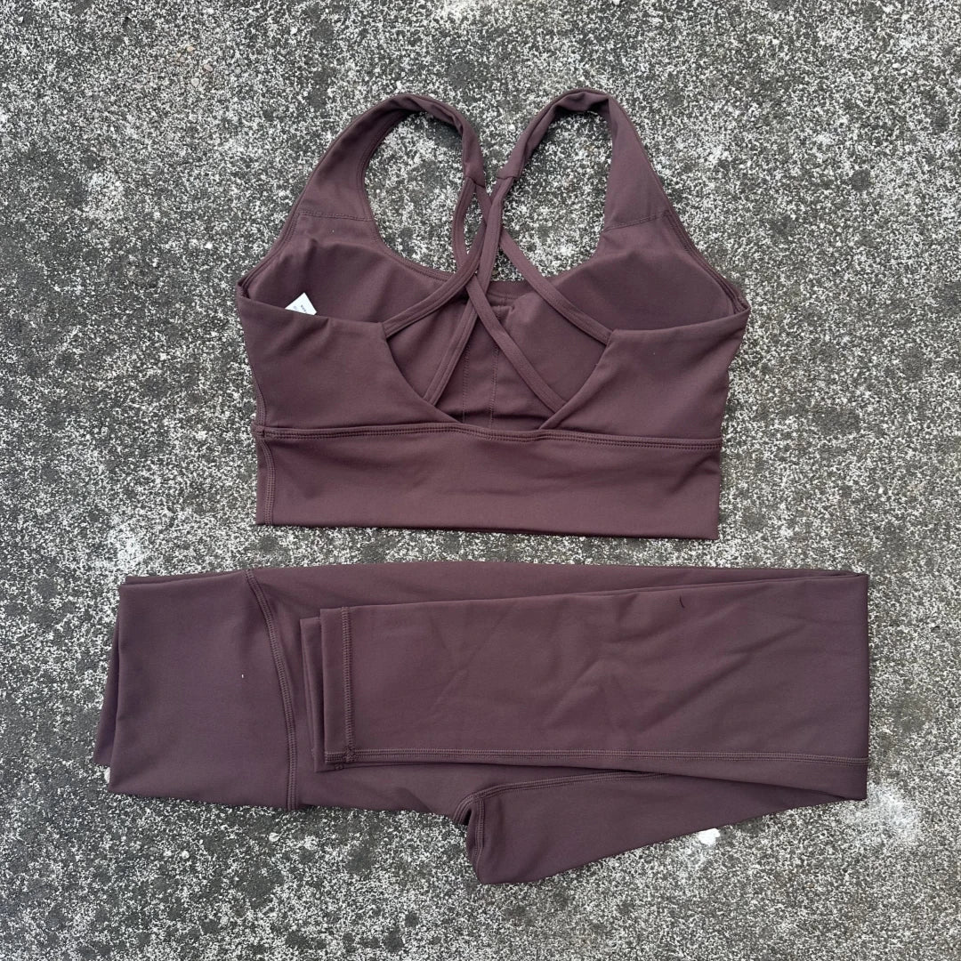 Voguable  Solid Color Tight Women Cross Back High Impact Shoulder Strap Fitness Bra Top High Waist Yoga Legging 2pc Gym Yoga Set Sportwear voguable