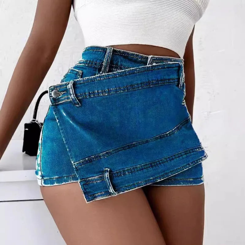 Voguable  Fashion Irregular Splicing Women's Denim Shorts Summer High Waisted A-line Jean Skirt Shorts Woman Slim Washed Blue Cowboy Pants voguable
