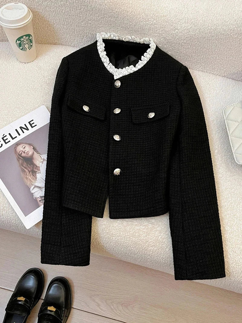Black Slim Elegant Tweed Jacket Women Vintage Lace Patchwork Long Sleeve Sweet Coat Fall Winter French Casual Retro Tops voguable