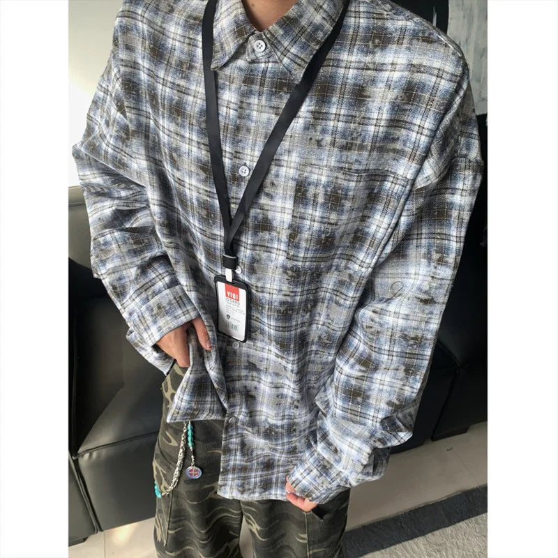 Tie Dye Long Sleeved Shirt Men Retro Plaid Shirt Men Japanese Streetwear Loose Casual Shirts Mens Fashion Shirts Large Size 5XL voguable