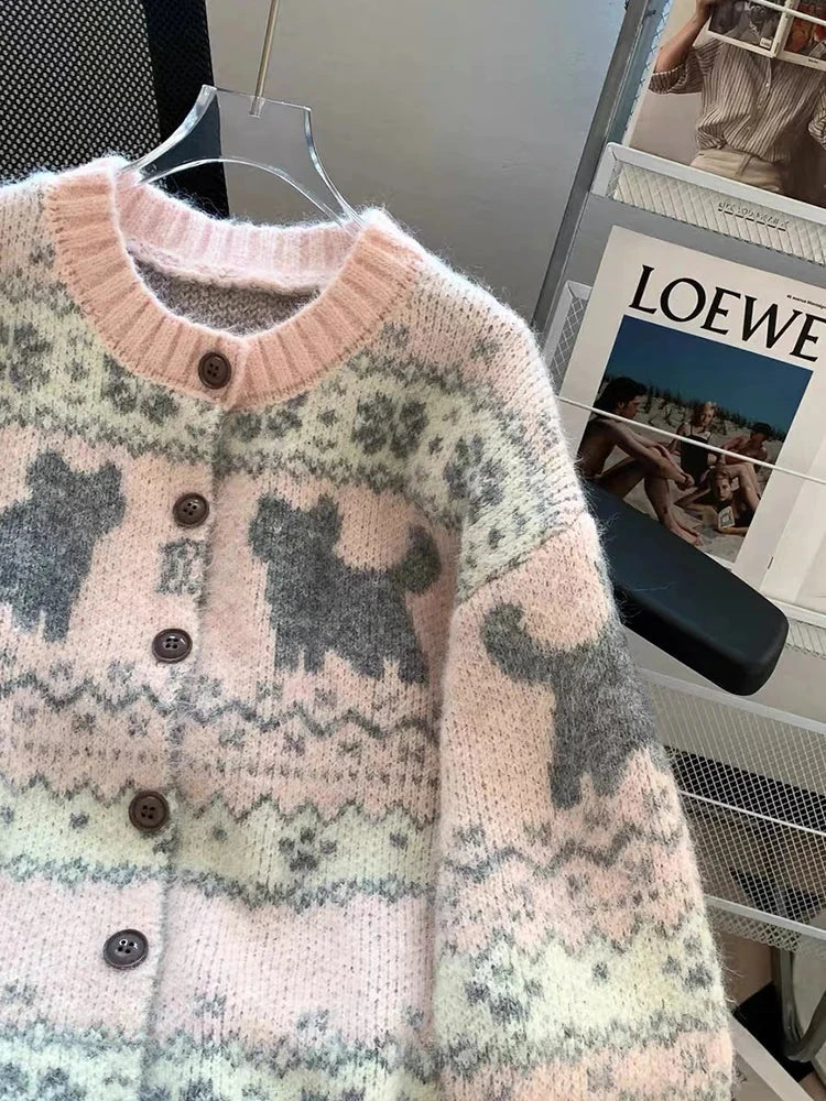 Sweet Pink Cartoon Cardigan Sweaters Women Vintage Lazy Wind Long Sleeve Cute Knitted Coat Casual Japan Kawaii Loose Tops voguable