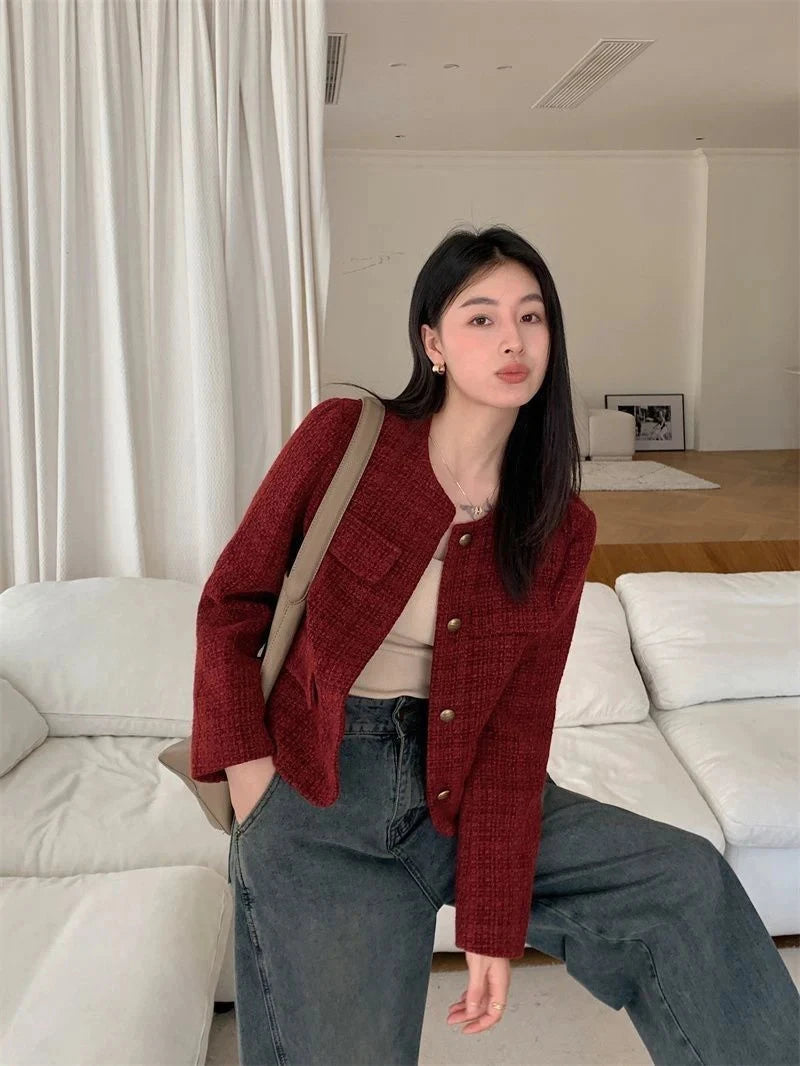 Zoki Women Slim Vintage Jacket Fall Winter Long Sleeve Sweet Elegant Coat French Casual Female O Neck Single Breasted Retro Tops voguable