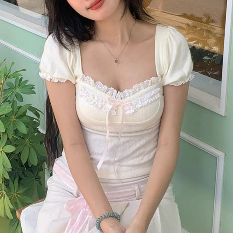 Voguable Cute Frill Lace Bow Decorate Top Women's Summer Puff Short Sleeve Square Collar T-shirts Y2K Aesthetic Tees Coquette voguable