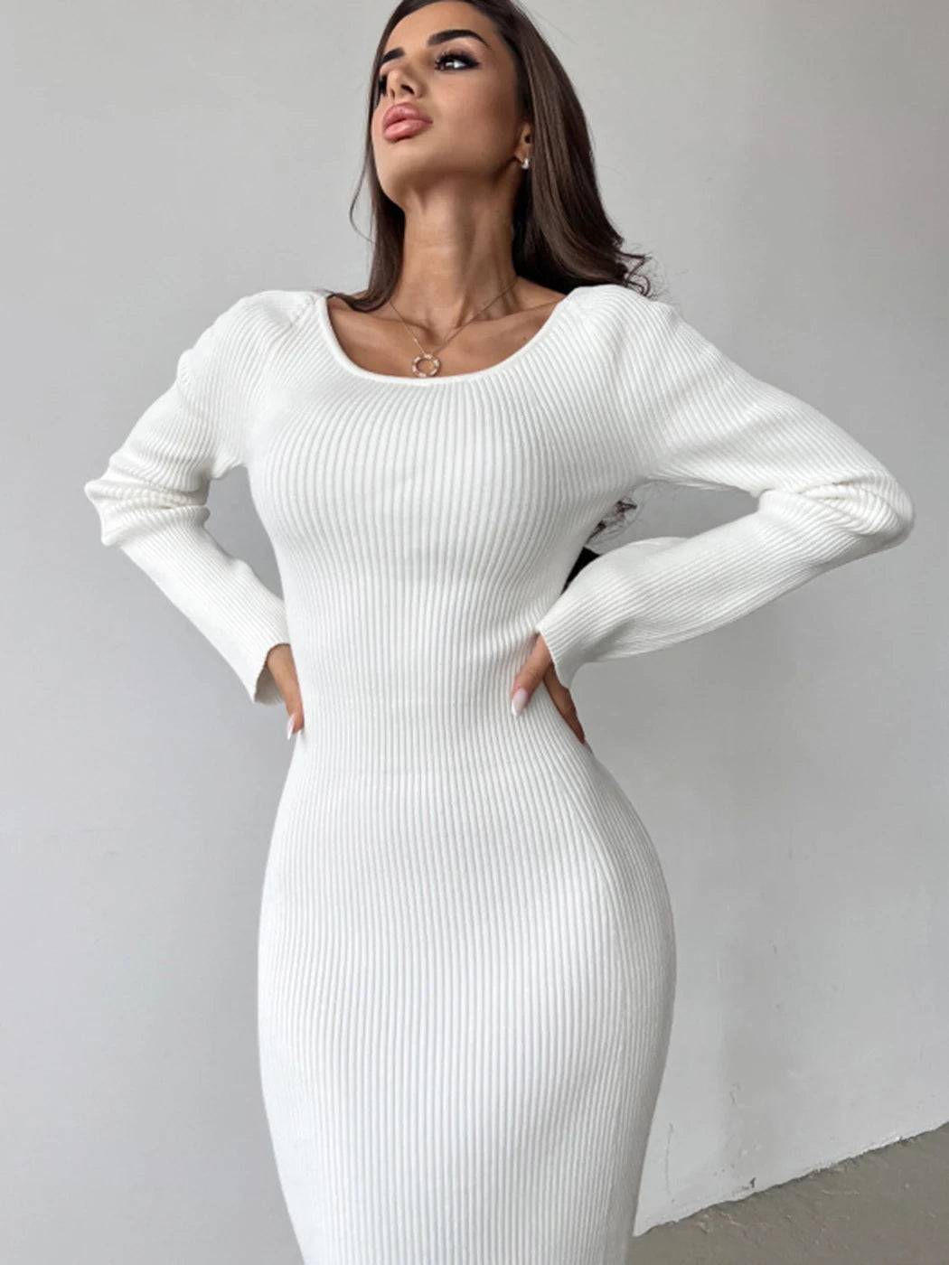 Front And Back Two-Wear Long-sleeved Rib Knitted Dress Autumn Simple Fashion Hollow V-neck Long Dresses For Women Vestidos voguable
