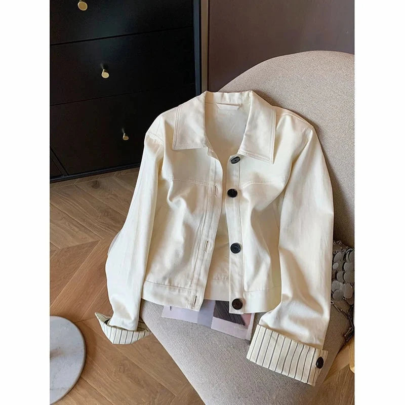 Fashion Sweet Slim Denim Jacket Women Korean Long Sleeve Striped Patchwork Short Coat Fall Winter Female Chic Outwear Tops voguable