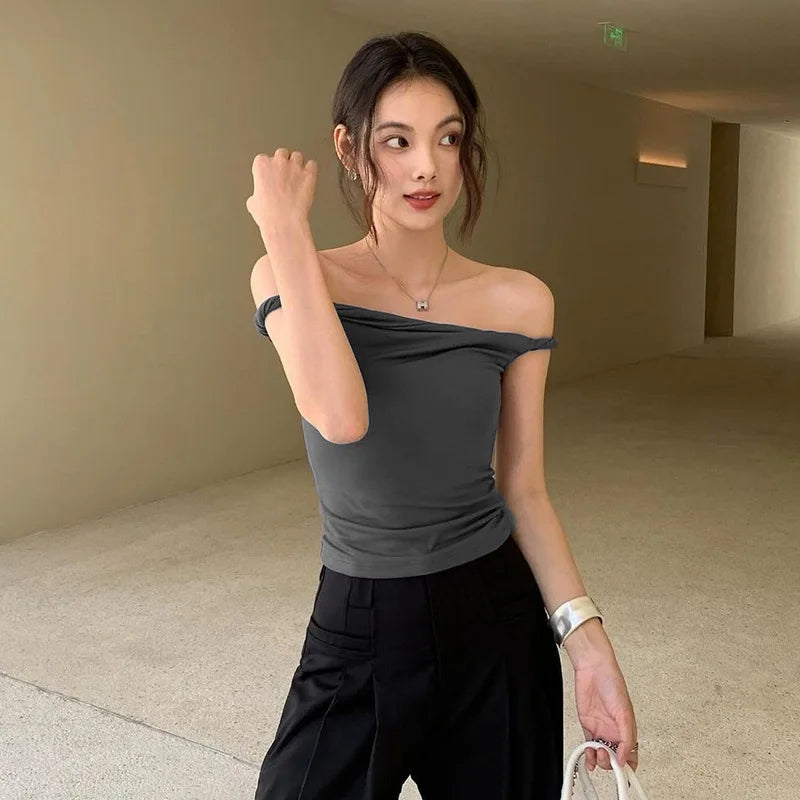 Off Shoulder Slim Fit Twist Top For Women Sexy Solid Fashion Sleeveless Patchwork Pullover Short T shirt Female Summer voguable