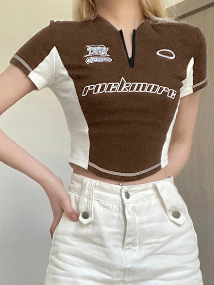 Voguable Techwear Stitching Printing T-shirt Fashion Zipper V-neck Top Streetwear Cool Hot girls Summer Short Sleeve Clothes voguable