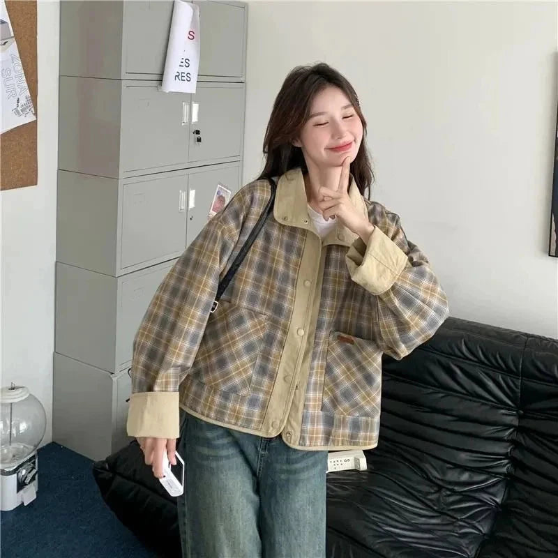 Vintage Plaid Cargo Jacket Women Retro Double Sided Wear Preppy Style Sweet Coat Korean Fall Winter Long Sleeve Pockets Top voguable