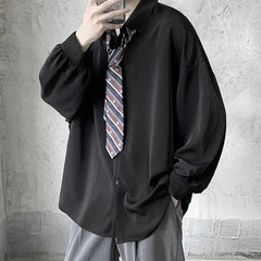 Korean Style Men's Long-sleeved Shirts Black Tie Cozy Casual Solid Oversize Blouses Breathable Loose Shirt Harajuku Male Clothes voguable