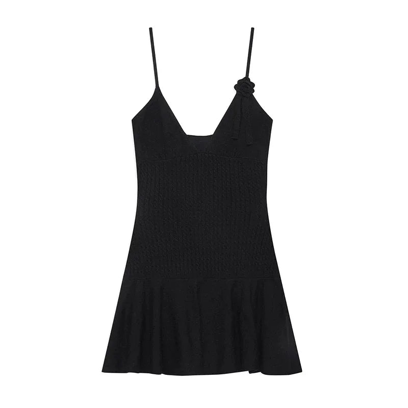 pink knit flower strap black V-neck dress short for women Pbong
