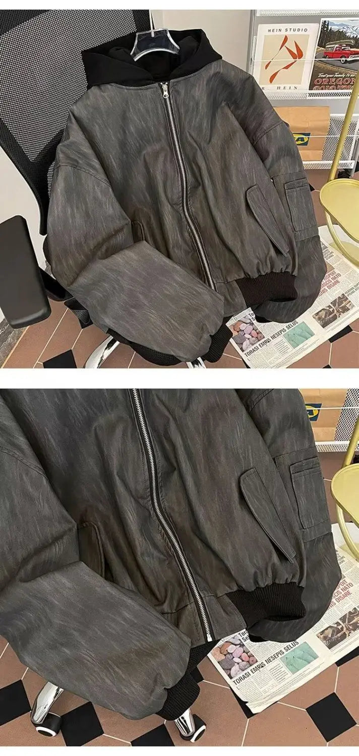 American Double Zipper Jacket Men's Hip Hop Simple Varsity Jacket Loose Fake Two Piece Hooded Outdated PU Leather Coat voguable