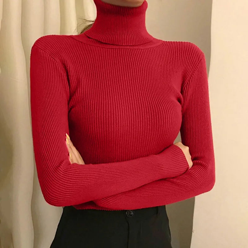 Elegant Solid Basic Knitted Tops Women Turtlneck Sweater Long Sleeve Casual Slim Pullover Korean Fashion Simple Chic Clothes voguable
