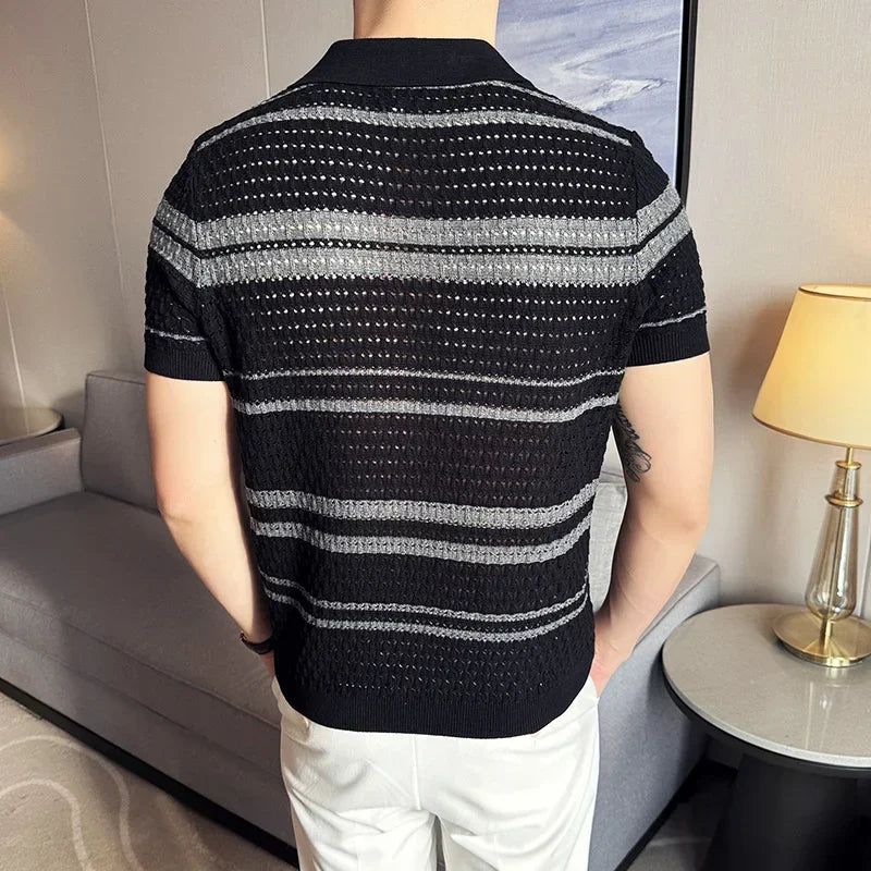 Men Polo Shirt 2024 Summer New Thin Knitted Striped Jacquard Patchwork Color Short Sleeved Casual V-neck T-shirt Men Clothing voguable