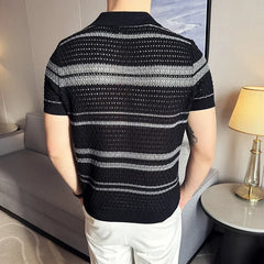 Men Polo Shirt 2024 Summer New Thin Knitted Striped Jacquard Patchwork Color Short Sleeved Casual V-neck T-shirt Men Clothing voguable