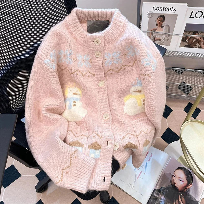 Cute Snowmen Pink Cardigan Sweater Women Vintage Sweet Print Loose Knitted Coat Japan Fall Winter Kawaii Female O Neck Tops voguable