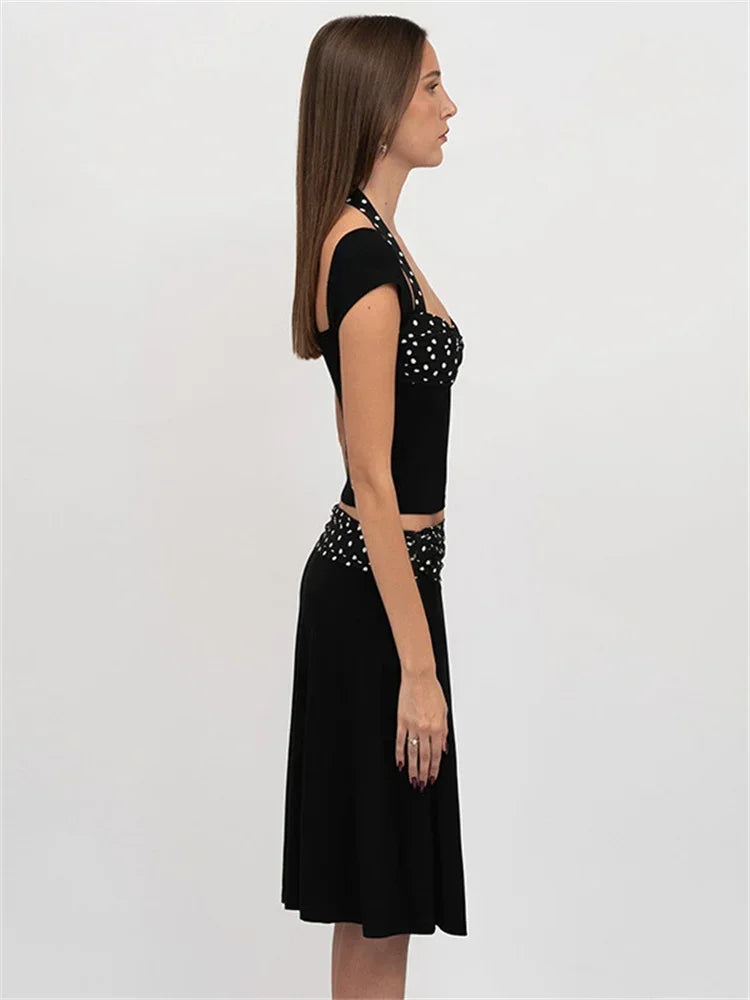 Patchwork Fashion 2 Piece-Set MIni Skirt For Women Lace-Up Contrast Backless Cropped Top And High Waist Skirt Sets Female voguable
