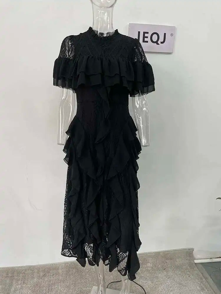 Fashioin Designes Hollow Out Ruffled Evening Dresses For Women O Neck Short Sleeve Party Maxi Dress 2025 New Summer voguable