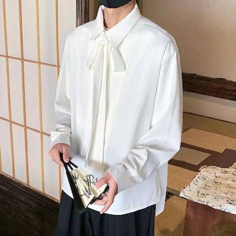 Korean Style Men's Shirts Turn-down Collar Detachable Tie Lace-up Design Single Breasted Casual Solid Color Male Tops 9W180 voguable