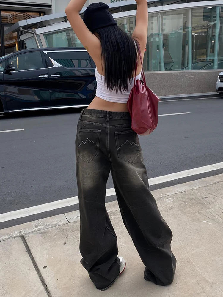 Voguable Streetwear Women'S Jeans Harajuku Cargo Pants Y2K Casual Denim Distressed Straight Wide Leg Trousers Female Korean 2024 voguable