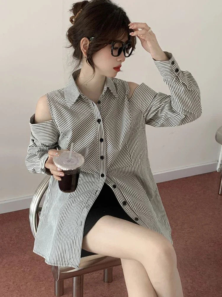 Hollow Out Striped Shirt Women Casual Long Sleeve Off Shoulder Blouse Korean Vintage Loose Design Female Retro Elegant Top voguable