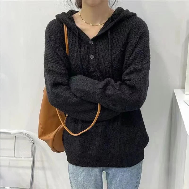 Hooded Sweater for Women Loose Button Front Long Sleeve Rib Knit Pullovers Hoodie Fall Winter Teen-girl Casual Chic Outfit voguable