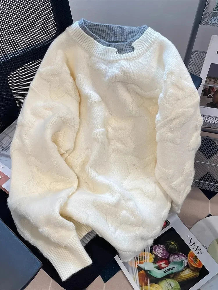Vintage Stars Sweaters Women Lazy Wind Preppy Style Knitted Pullover Japan Retro Loose Long Sleeve Patchwork Harajuku Tops New voguable