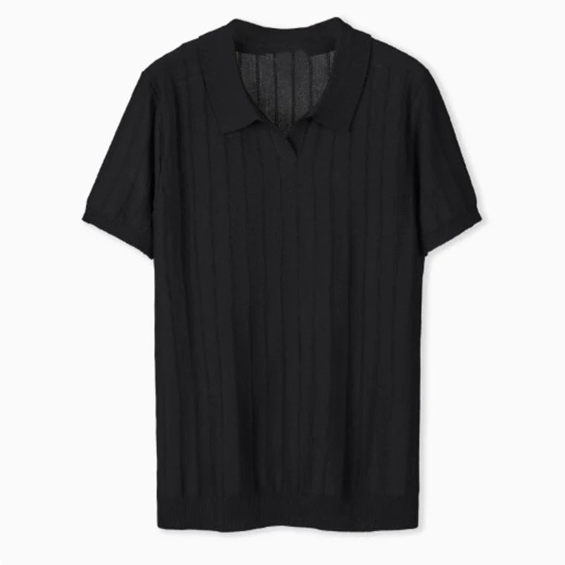 New Men's Clothing Luxury Business V Neck Polo Shirt Casual Slim-fit Knitted Solid Color Short Sleeve T-shirt High Quality Tops voguable