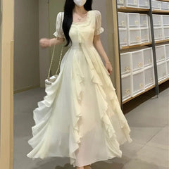 Voguable  Women Fairycore Chiffon Maxi Dress Square Neck Puff Sleeve Ruffle Flowy Long Dress Summer A-Line Party Wedding Guest Vestidos voguable