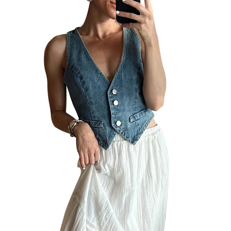 Denim Vest y2k Clothes Women Summer V Neck Button Front Sleeveless Tank Tops Jean Waistcoat 2000s Clothes Streetwear voguable
