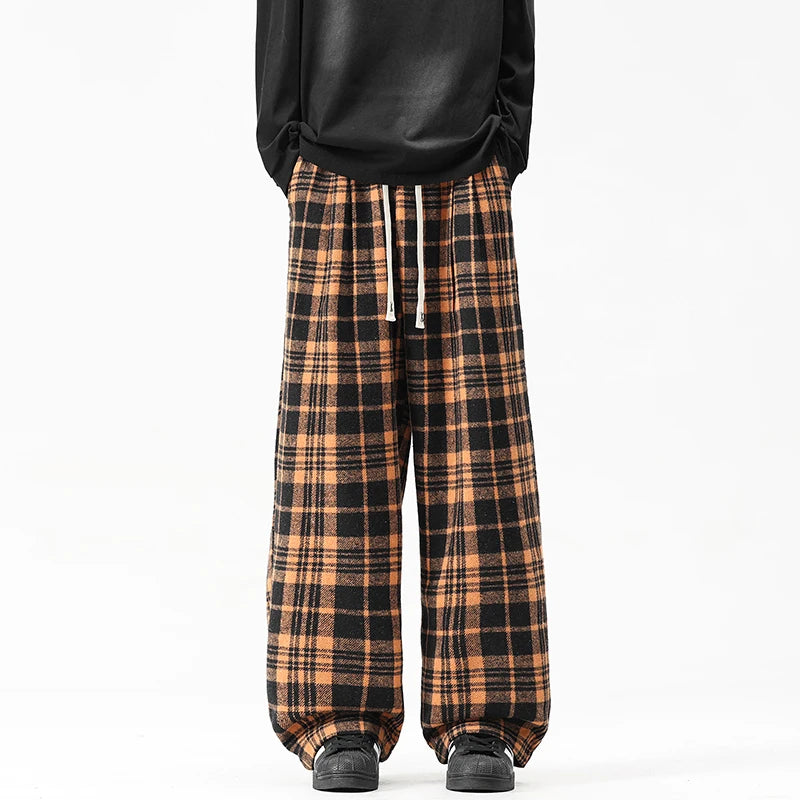 Autumn Thick Pants Men Warm Fashion Retro Plaid Pants Men Streetwear Loose Wide Leg Pants Mens Oversized Vintage Trousers M-3XL voguable