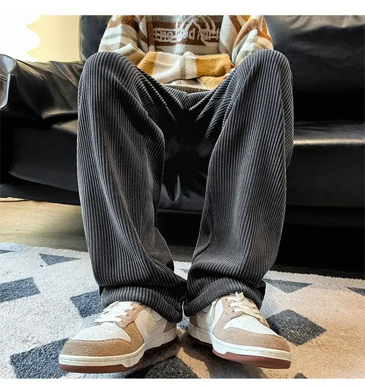 Autumn Corduroy Straight Trousers Men Loose Solid Casual Drape Trousers Harajuku Fashion Drawstring Street Wide Leg Sweatpant voguable