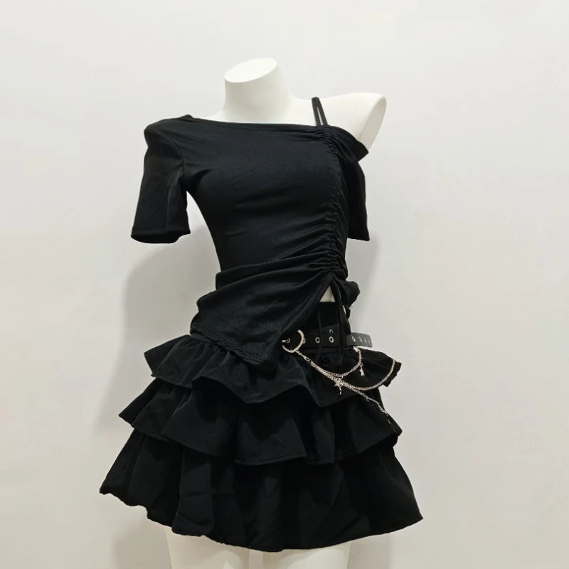 Voguable  Dark Y2K Goth Off Shoulder Sexy Sets T-shirt Ball Gown Age Reduction Stretch Waist Skirt Slim Preppy Style Casual Mujer voguable