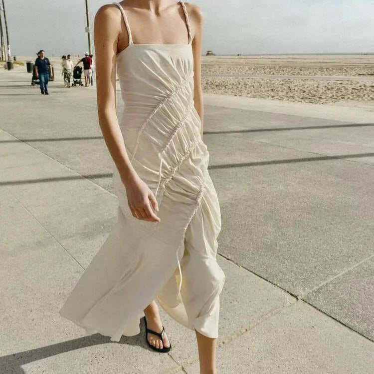 Voguable  French Style off Shoulder Slimming Midi Dress with Pleats for Women Beach Vacation Style Elastic Polyester Casual Dress voguable