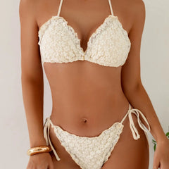 Voguable  3Pcs Lace Bikini Set with Sarong Cover Up Halter Bikinis Triangle Swimwear Women's Floral Textured Beachwear Bathing Suit voguable