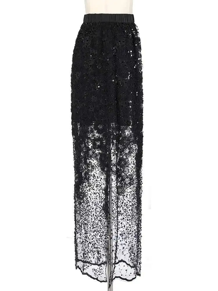Solid Embroidered Flares Sequins Straight Skirt For Women High Waist Middle Length Fashion Skirts Summer 2025 New voguable