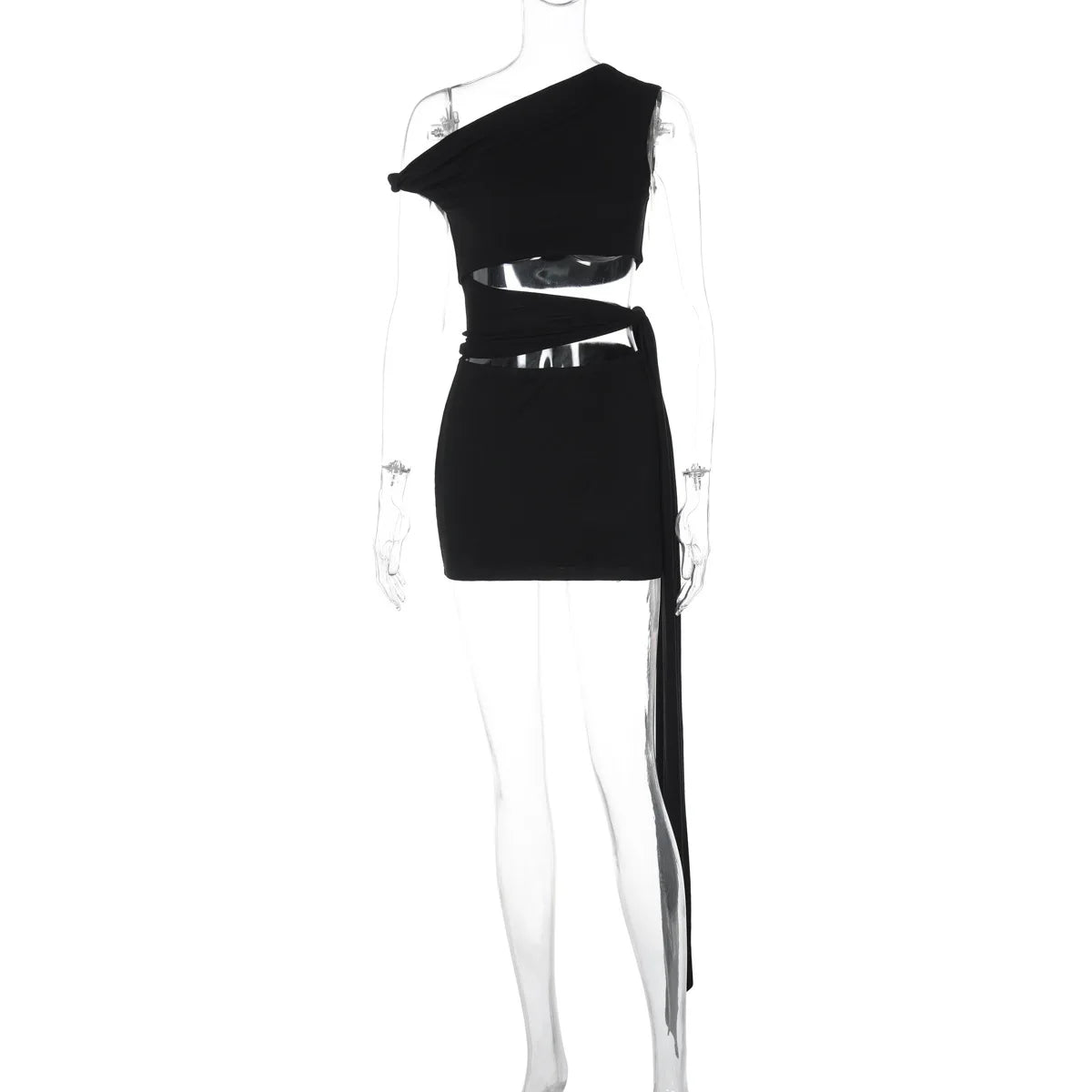 Hollow Out Oblique Shoulder Sexy Mini Dress For Women Robe Summer Black Sleeveless Backless Draped Skinny Club Dress voguable