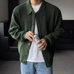 Voguable Korean Casual Spring Autumn Knitted Cardigan Sweaters Coat Men Lapel Solid Versatile Loose Long Sleeve Navy Blue Heavy Jackets voguable