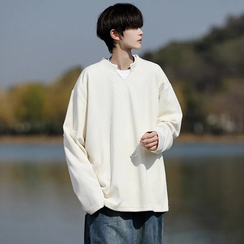 Long Sleeve V-Neck T-Shirt mens Solid Color Spring  Casual Basic Top  Plain Tee Shirt Breathable Comfort Stretch Soft plus size voguable