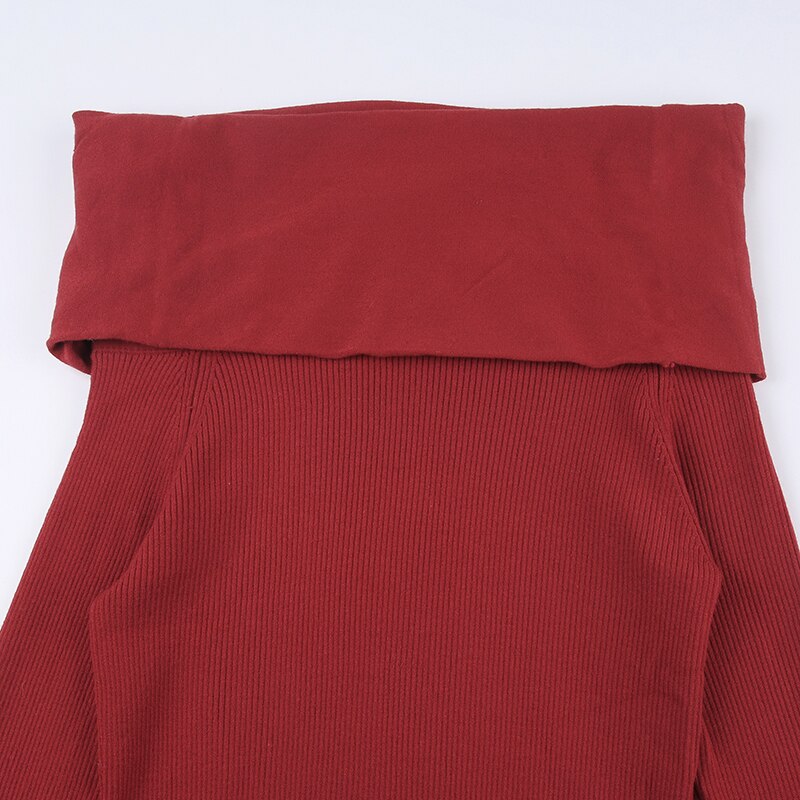 Red Slash Neck Slim Sweater Dress mysite